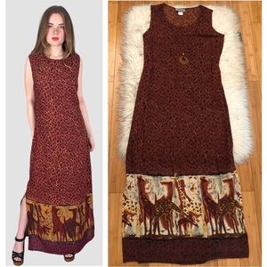 Vintage Michael K Company Artsy African Giraffe Earth Tone Maxi Dress size 6